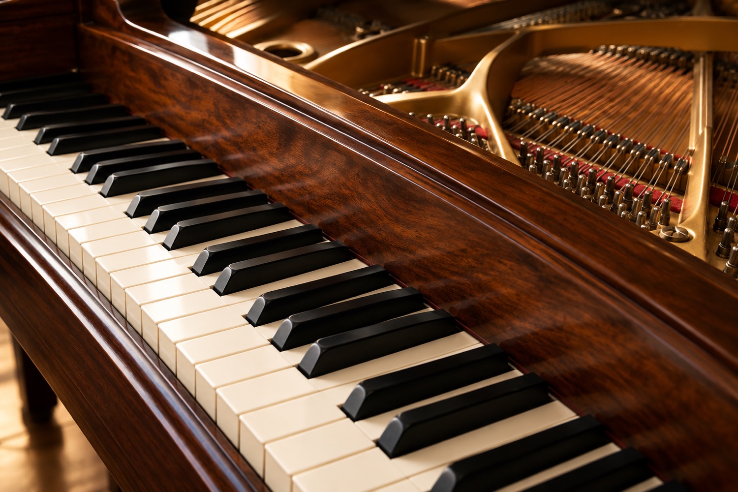 Illustrative close study of a grand piano keyboard, walnut rim and strings